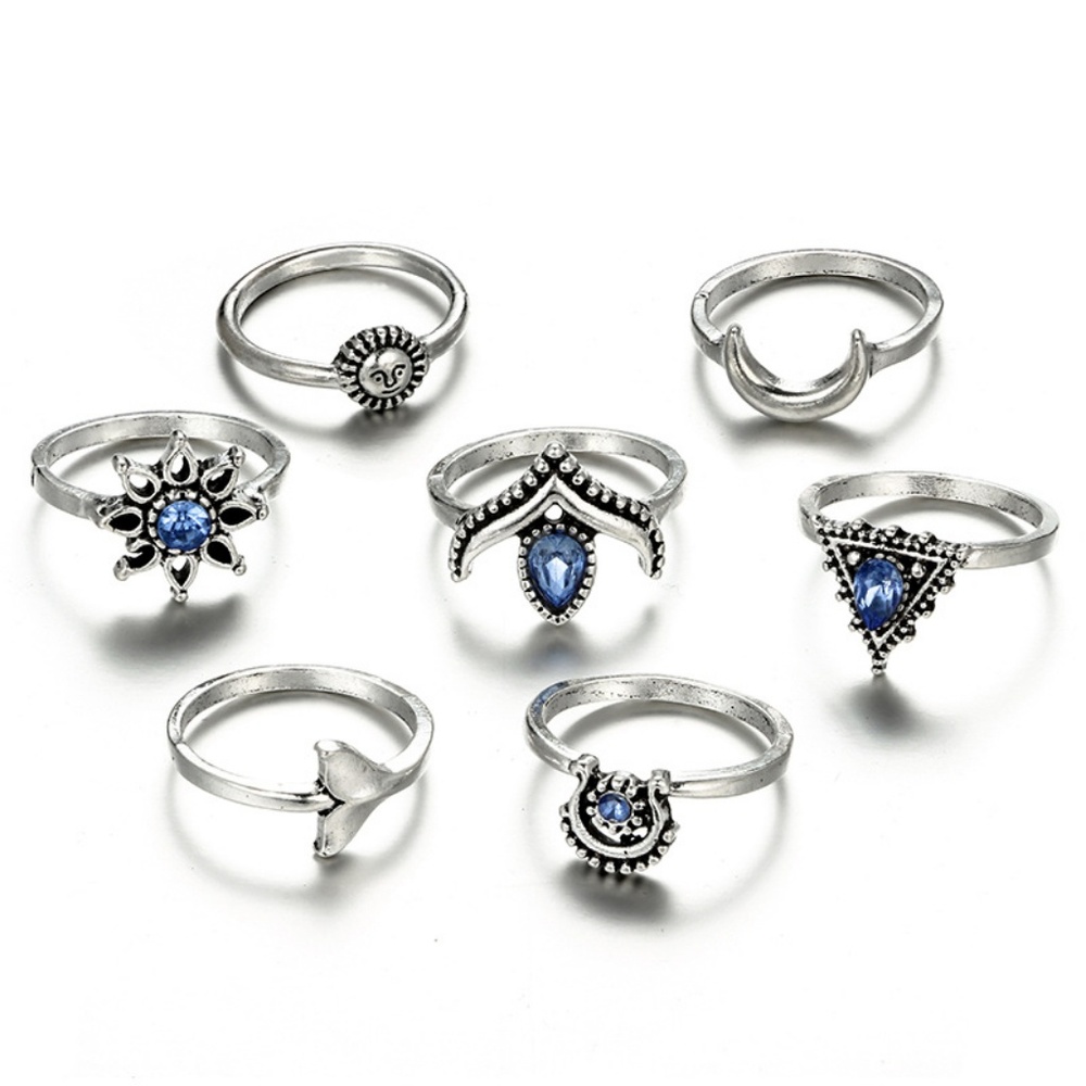 New! 7 Piece Boho Silver Ring Set W/ Blue gems - Picture 3 of 4